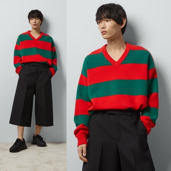 GUCCI MENS SWEATER RED GREEN FELTED WOOL STRIPED PULLOVER V-NECK - Picture 2 of 16
